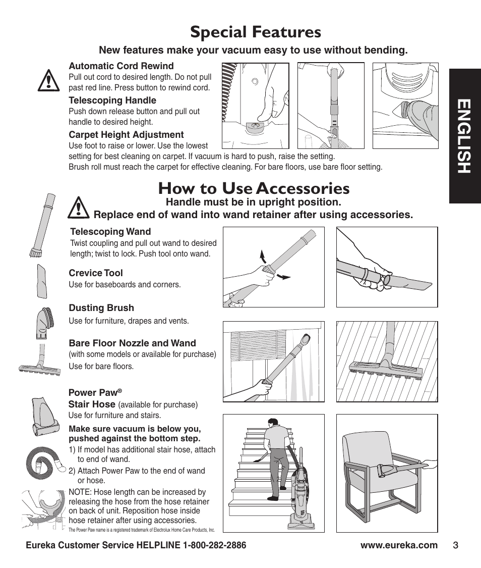 En g l is h, How to use accessories special features | Eureka 4230 Series User Manual | Page 5 / 8