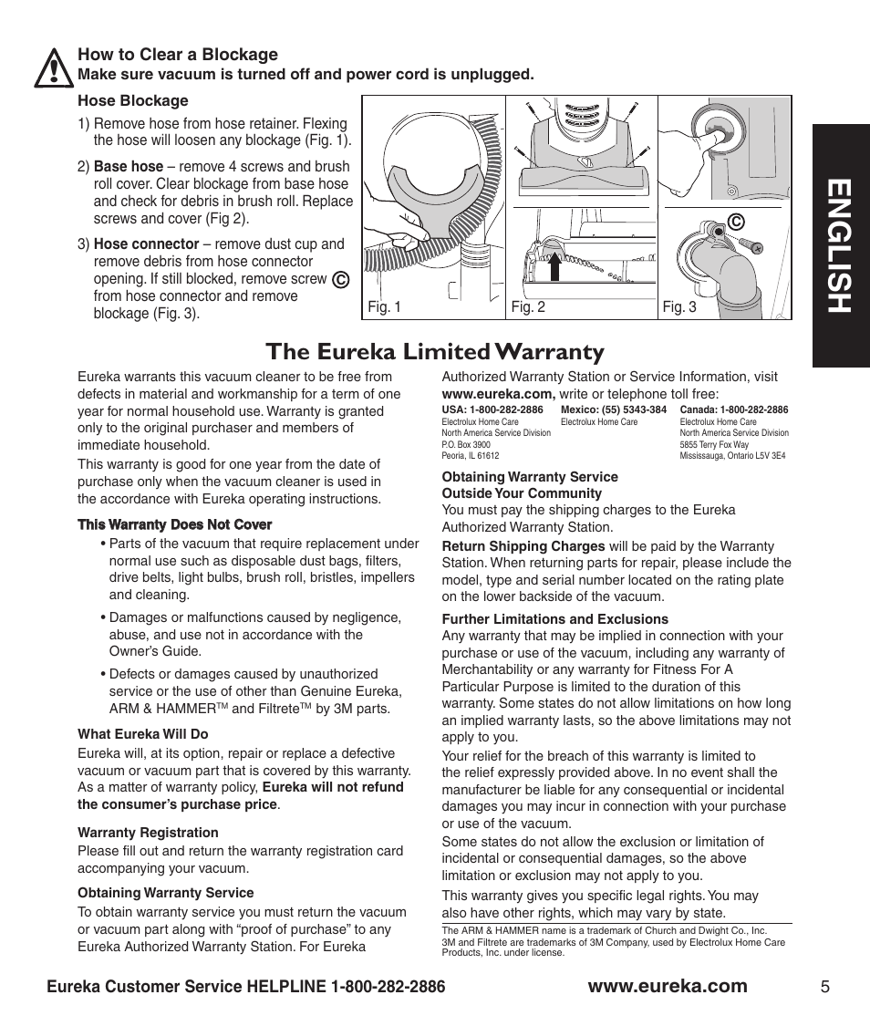En g l is h, The eureka limited warranty | Eureka 4230 Series User Manual | Page 7 / 8
