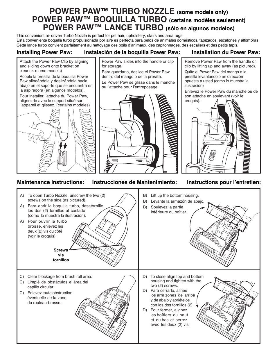 Power paw™ turbo nozzle, Power paw™ boquilla turbo, Power paw™ lance turbo | Eureka 4750A User Manual | Page 25 / 31