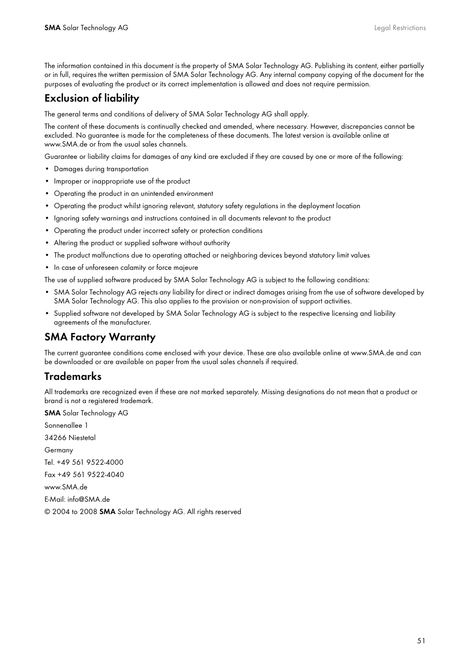 Exclusion of liability, Sma factory warranty, Trademarks | Eureka PBL-SMC-10-NR User Manual | Page 51 / 52