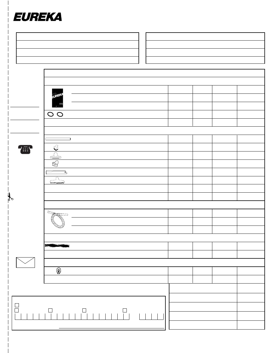 Order form, Genuine eureka bags and belts, Accessories/tools | Hoses, Brush rolls, Miscellaneous parts, Total enclosed total, By mail | Eureka 7700 User Manual | Page 13 / 16