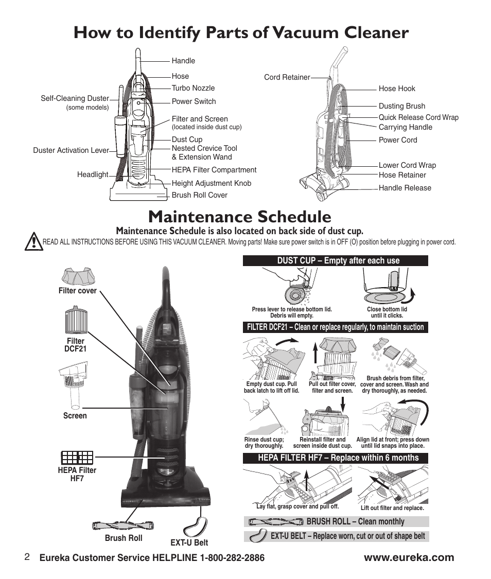 How to identify parts of vacuum cleaner, Maintenance schedule | Eureka 3276-3280 User Manual | Page 4 / 8