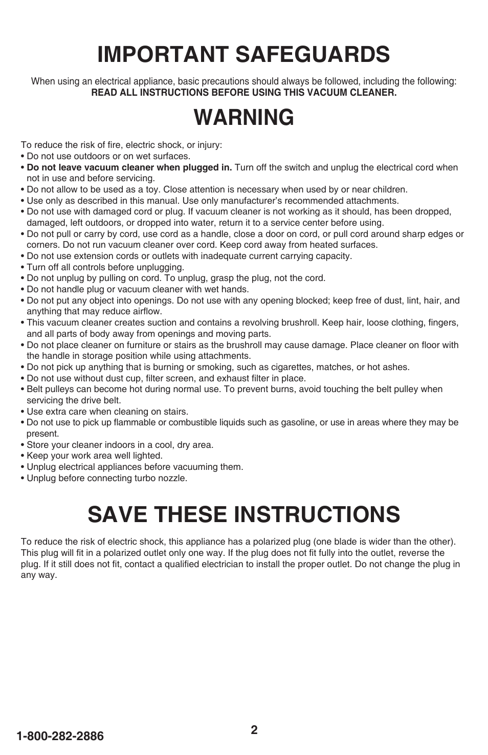 Important safeguards, Warning, Save these instructions | Eureka 460 User Manual | Page 2 / 22