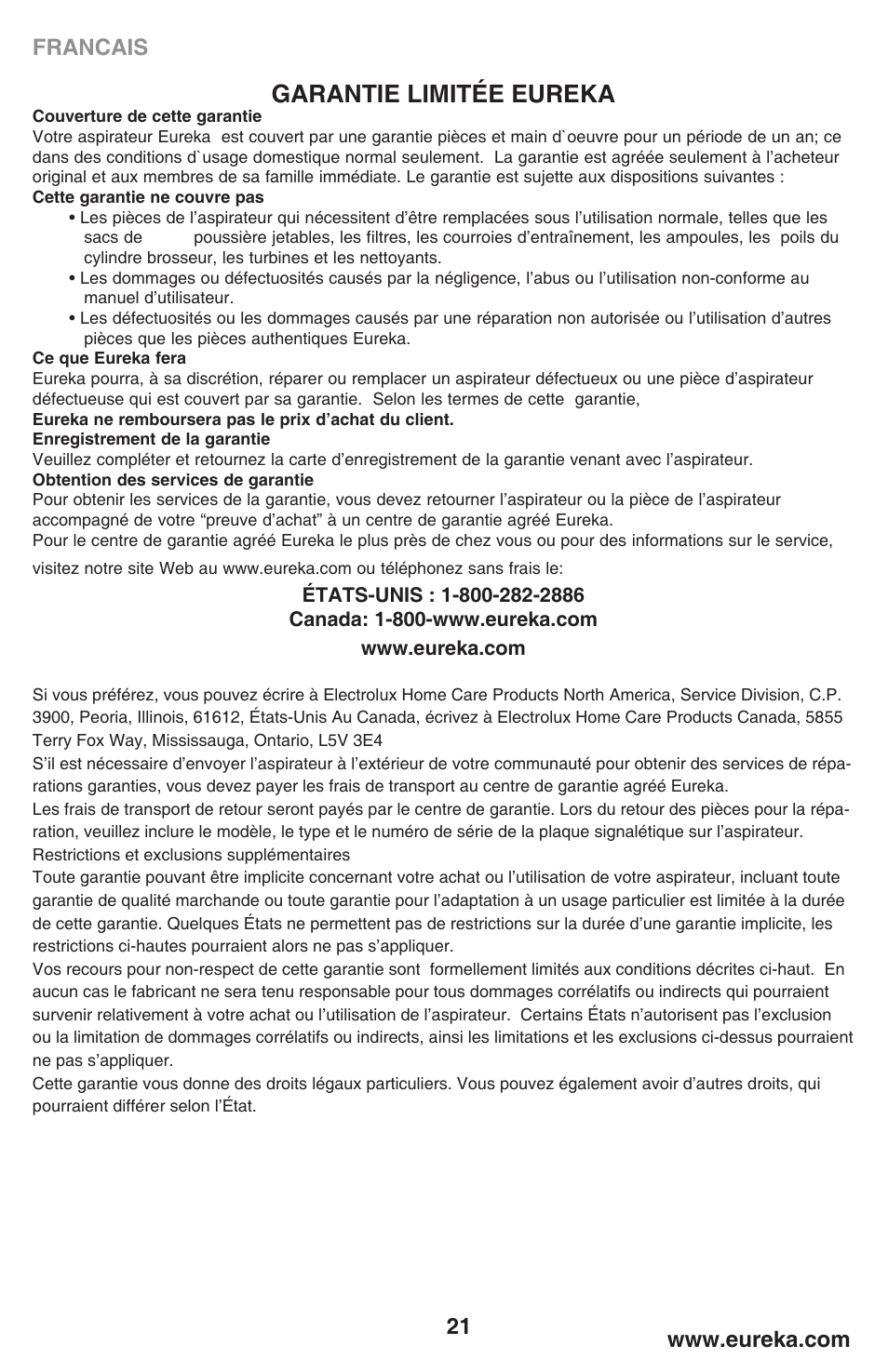 Garantie limitée eureka | Eureka 460 User Manual | Page 21 / 22