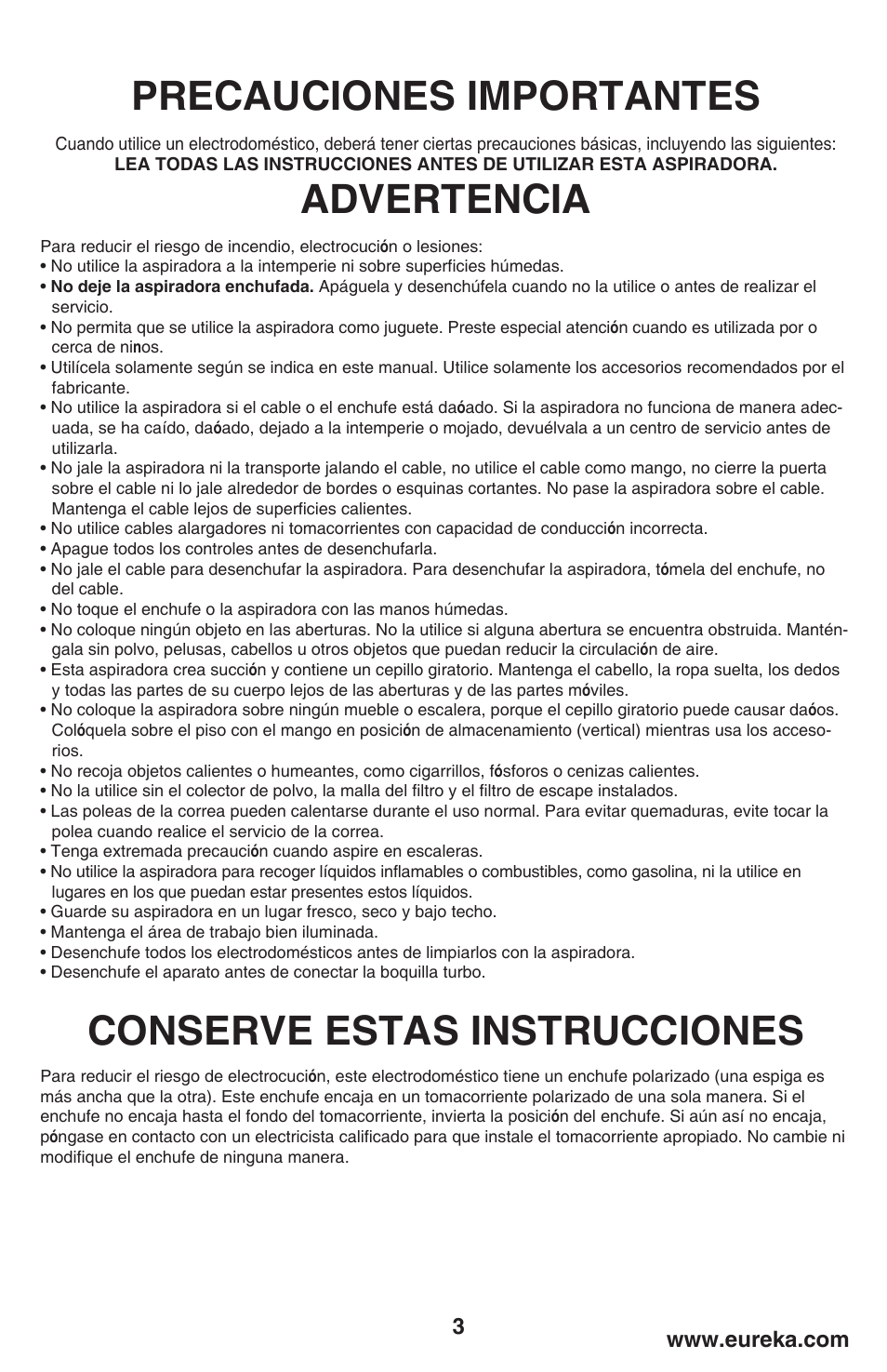 Precauciones importantes, Advertencia, Conserve estas instrucciones | Eureka 460 User Manual | Page 3 / 22