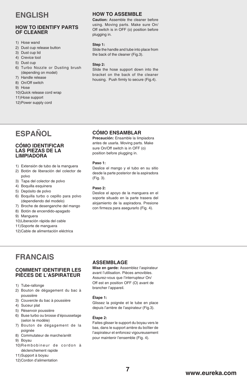 English, Español, Francais | Eureka 460 User Manual | Page 7 / 22