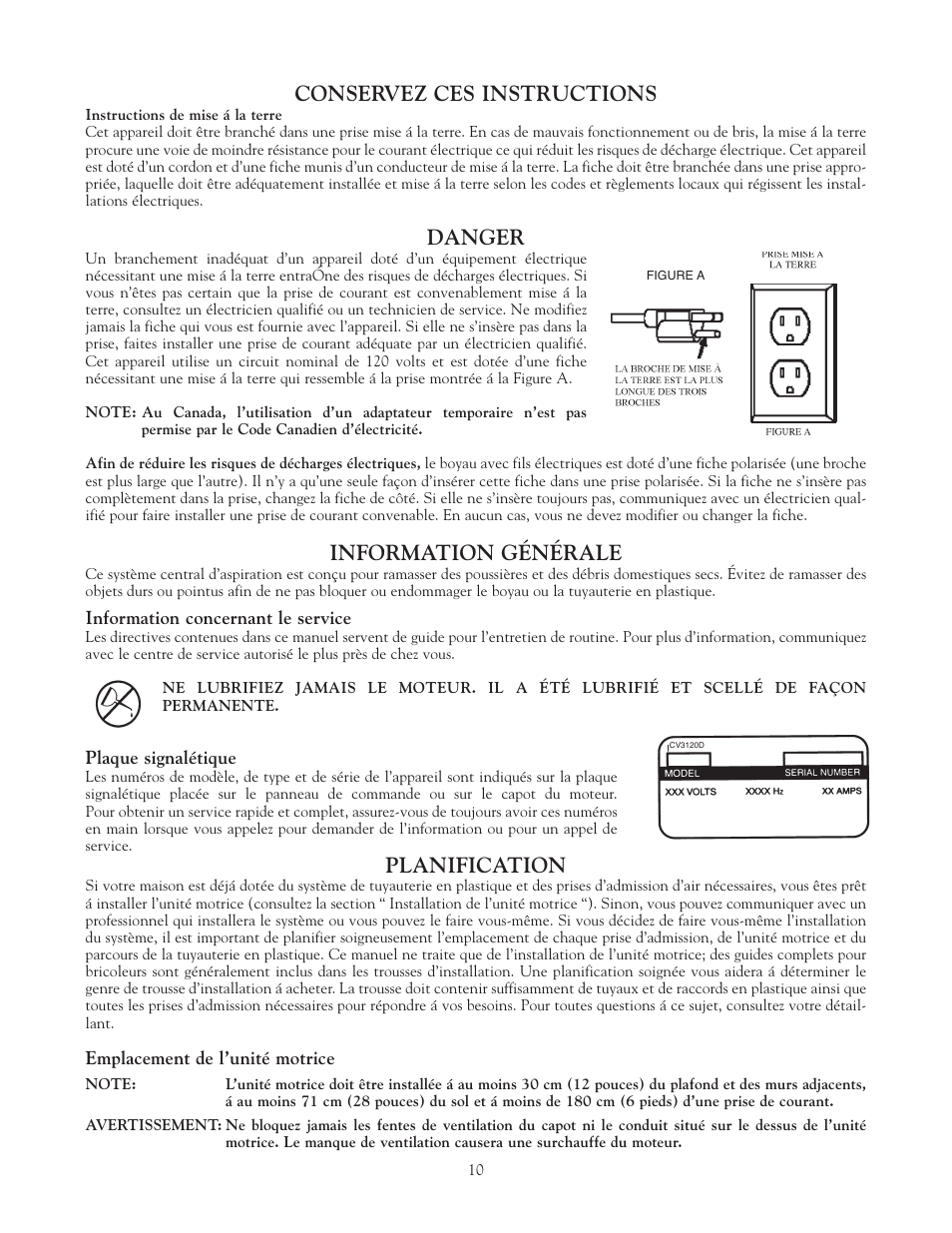 Conservez ces instructions, Danger, Information générale | Planification | Eureka Vacuum System Cleaner User Manual | Page 10 / 20
