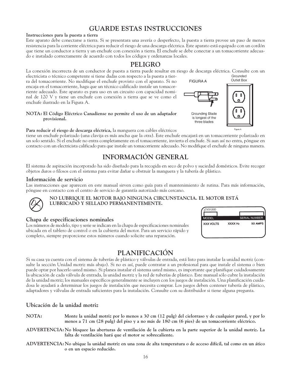 Guarde estas instrucciones, Peligro, Información general | Planificación | Eureka Vacuum System Cleaner User Manual | Page 16 / 20