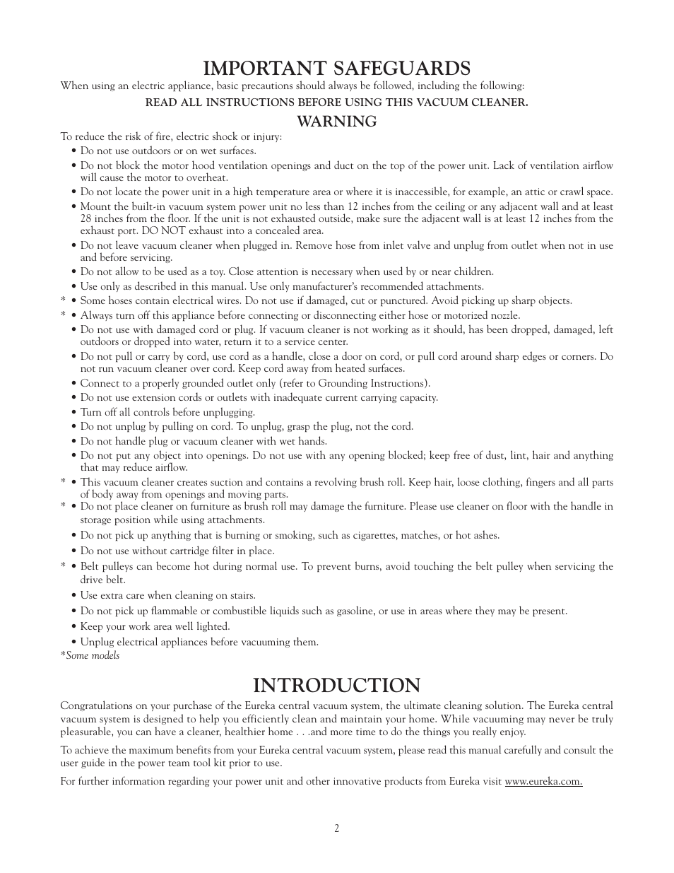 Important safeguards, Introduction, Warning | Eureka Vacuum System Cleaner User Manual | Page 2 / 20