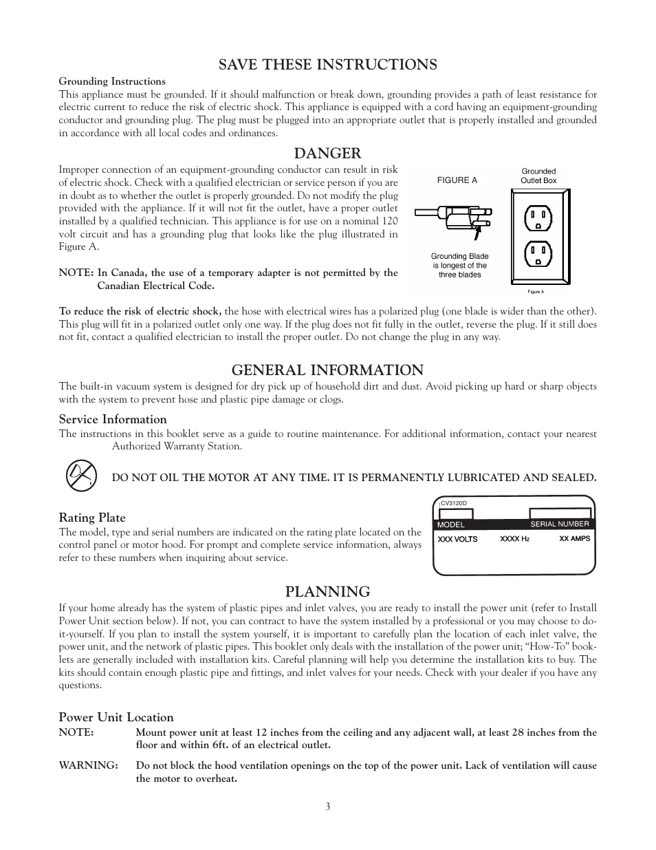 Save these instructions, Danger, General information | Planning | Eureka Vacuum System Cleaner User Manual | Page 3 / 20
