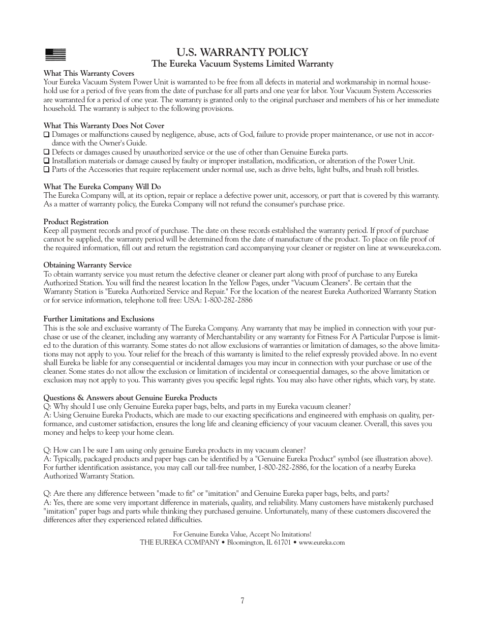 U.s. warranty policy | Eureka Vacuum System Cleaner User Manual | Page 7 / 20