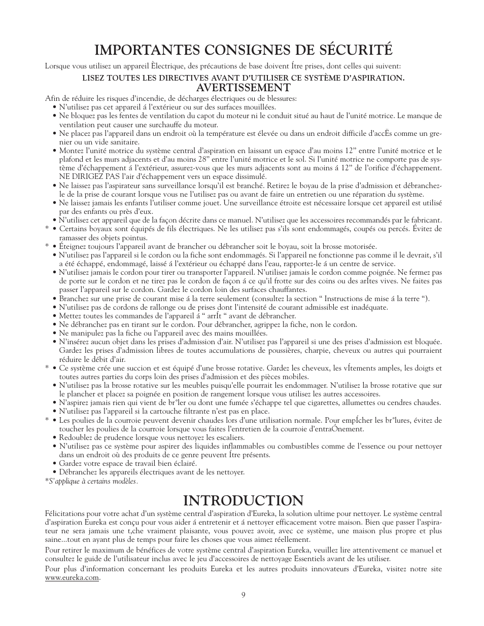 Importantes consignes de sécurité, Introduction, Avertissement | Eureka Vacuum System Cleaner User Manual | Page 9 / 20