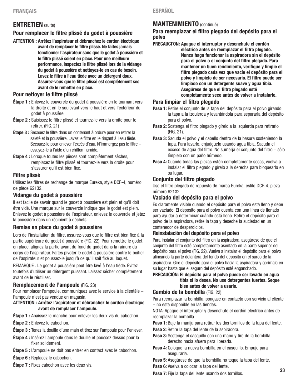 Mantenimiento, Entretien | Eureka 4700 Series User Manual | Page 23 / 36