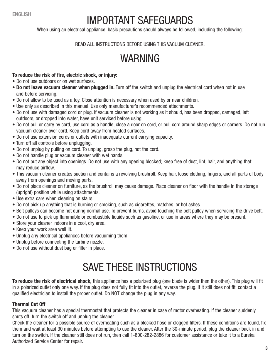 Important safeguards, Warning, Save these instructions | Eureka 4700 Series User Manual | Page 3 / 36