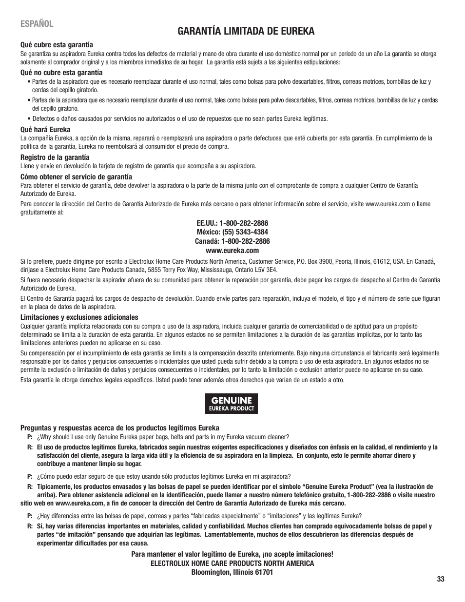 Garantía limitada de eureka | Eureka 4700 Series User Manual | Page 33 / 36