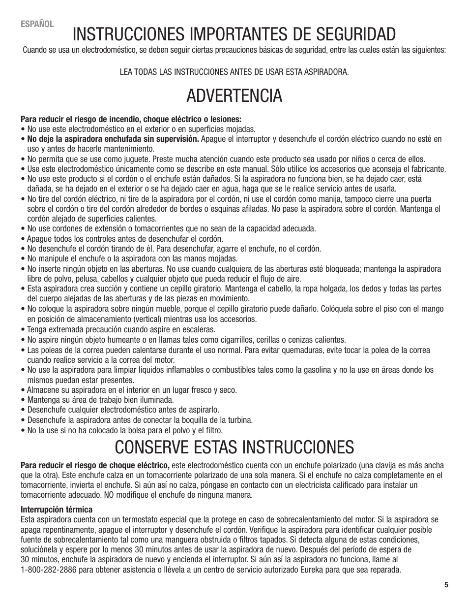 Instrucciones importantes de seguridad, Advertencia, Conserve estas instrucciones | Eureka 4700 Series User Manual | Page 5 / 36