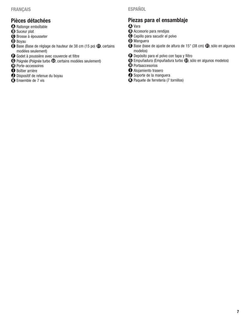 Piezas para el ensamblaje, Pièces détachées | Eureka 4700 Series User Manual | Page 7 / 36