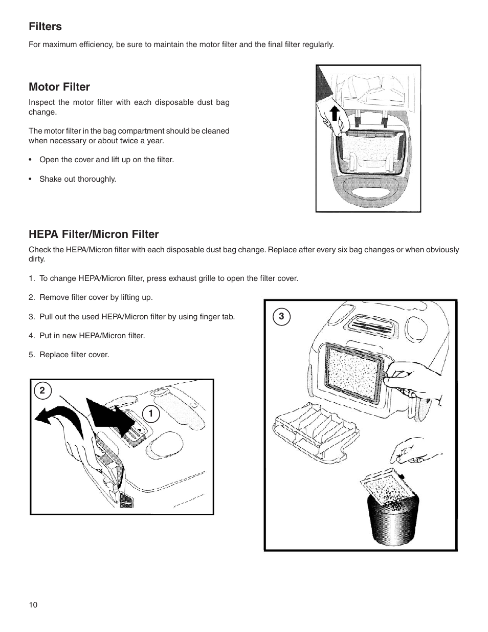 Filters, Motor filter, Hepa filter/micron filter | Eureka 6900 Series User Manual | Page 10 / 16