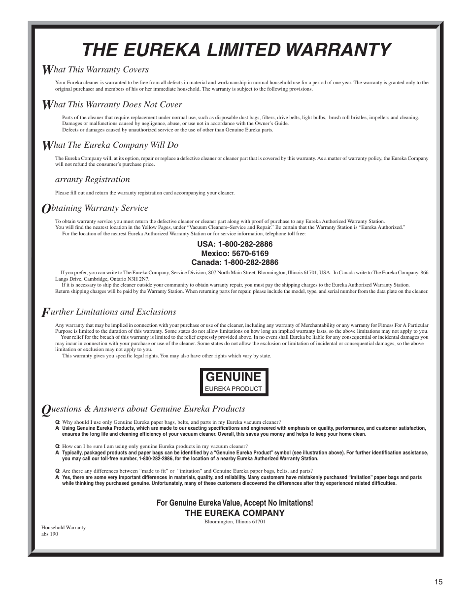 The eureka limited warranty, Genuine | Eureka 6900 Series User Manual | Page 15 / 16