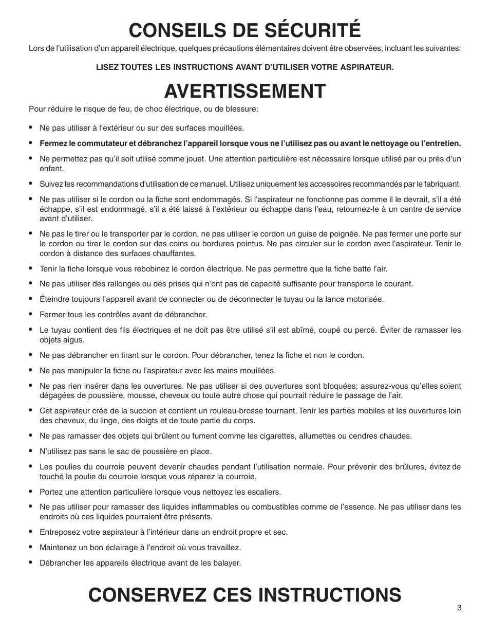 Conseils de sécurité, Avertissement, Conservez ces instructions | Eureka 6900 Series User Manual | Page 3 / 16