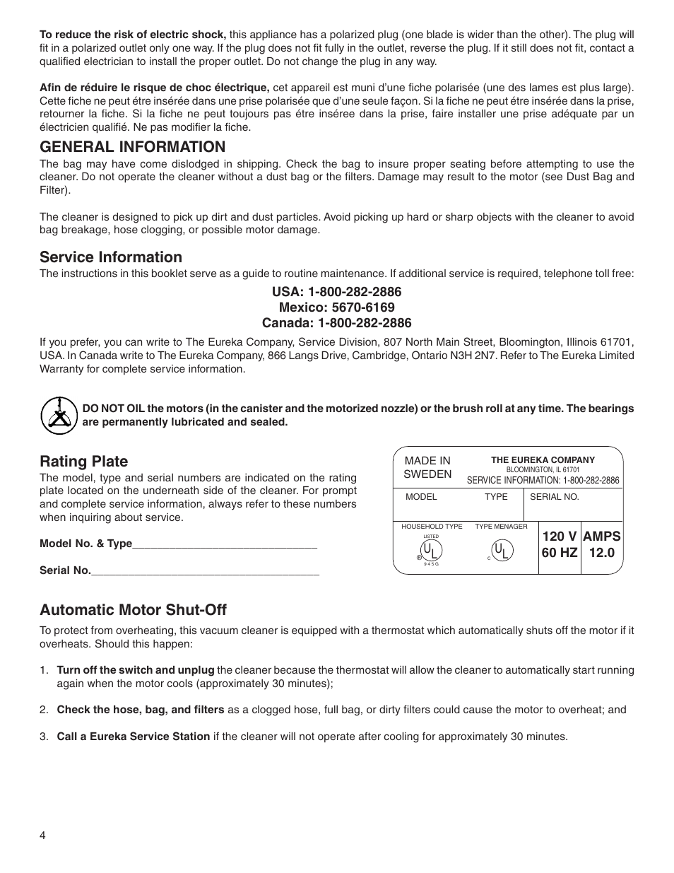 General information, Service information, Rating plate | Automatic motor shut-off | Eureka 6900 Series User Manual | Page 4 / 16