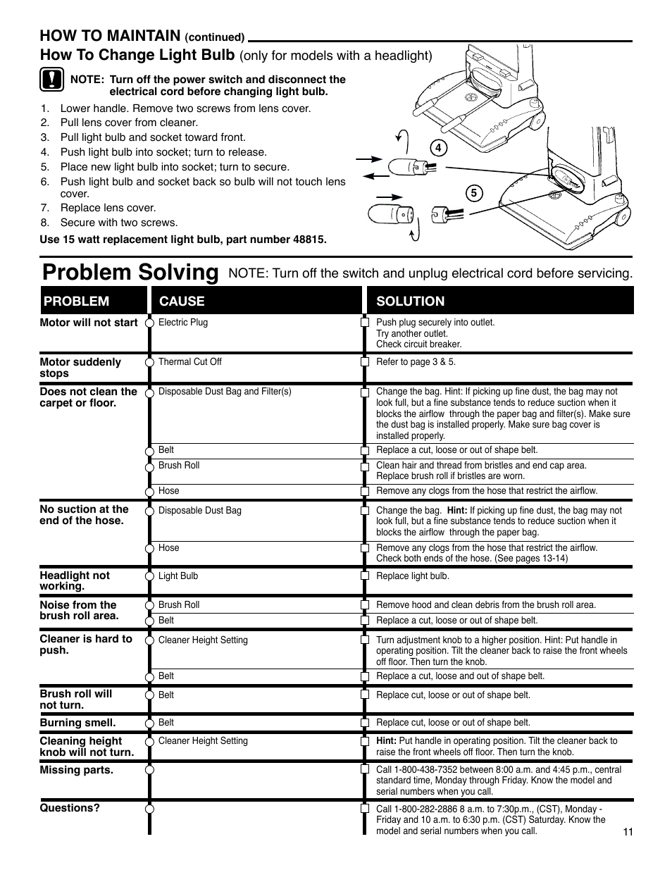 Problem solving, How to maintain, How to change light bulb | Eureka 4440-4470 Series User Manual | Page 11 / 11