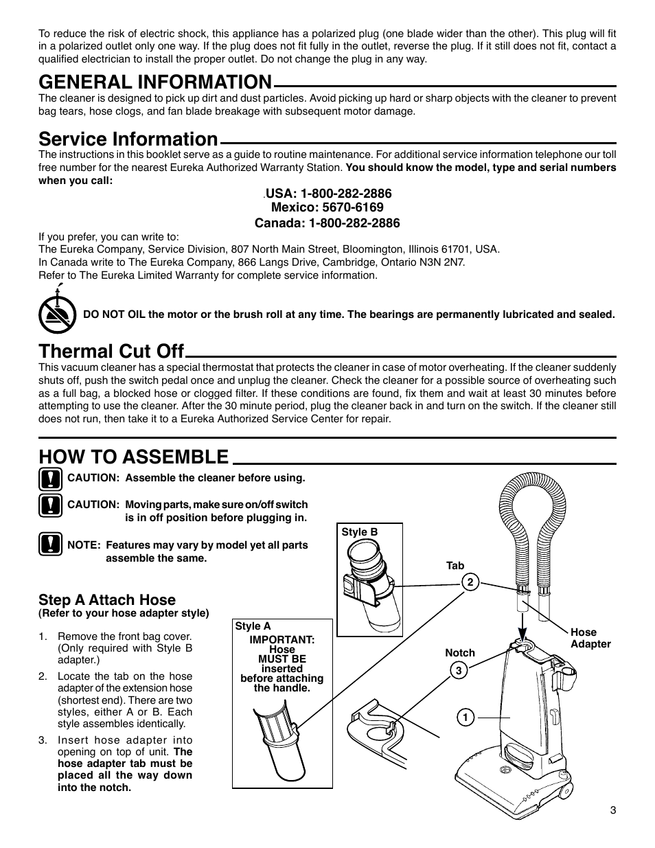 How to assemble, General information, Service information | Thermal cut off, Step a attach hose | Eureka 4440-4470 Series User Manual | Page 3 / 11