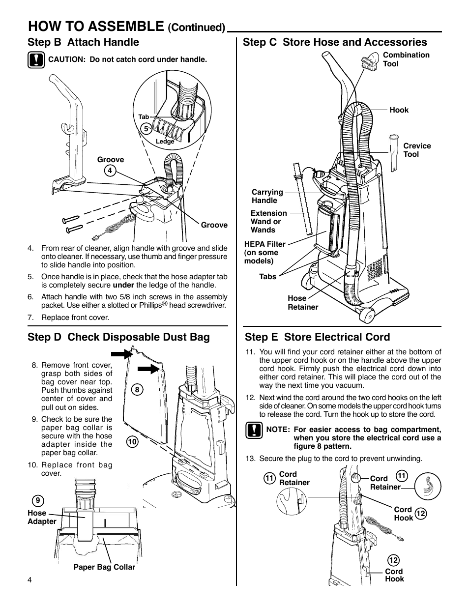 How to assemble, Continued) step b attach handle, Step c store hose and accessories | Step e store electrical cord, Step d check disposable dust bag | Eureka 4440-4470 Series User Manual | Page 4 / 11