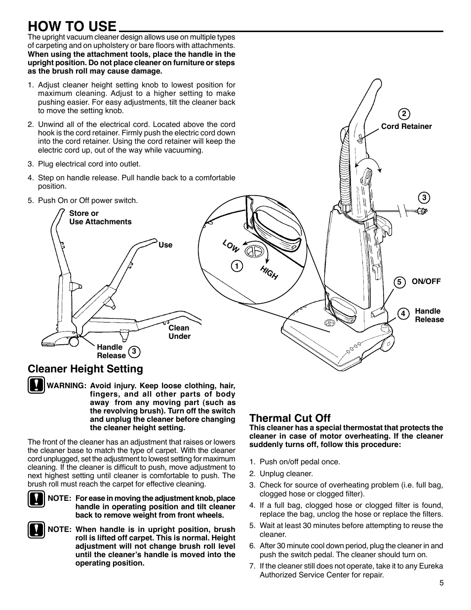 How to use, Thermal cut off, Cleaner height setting | Eureka 4440-4470 Series User Manual | Page 5 / 11