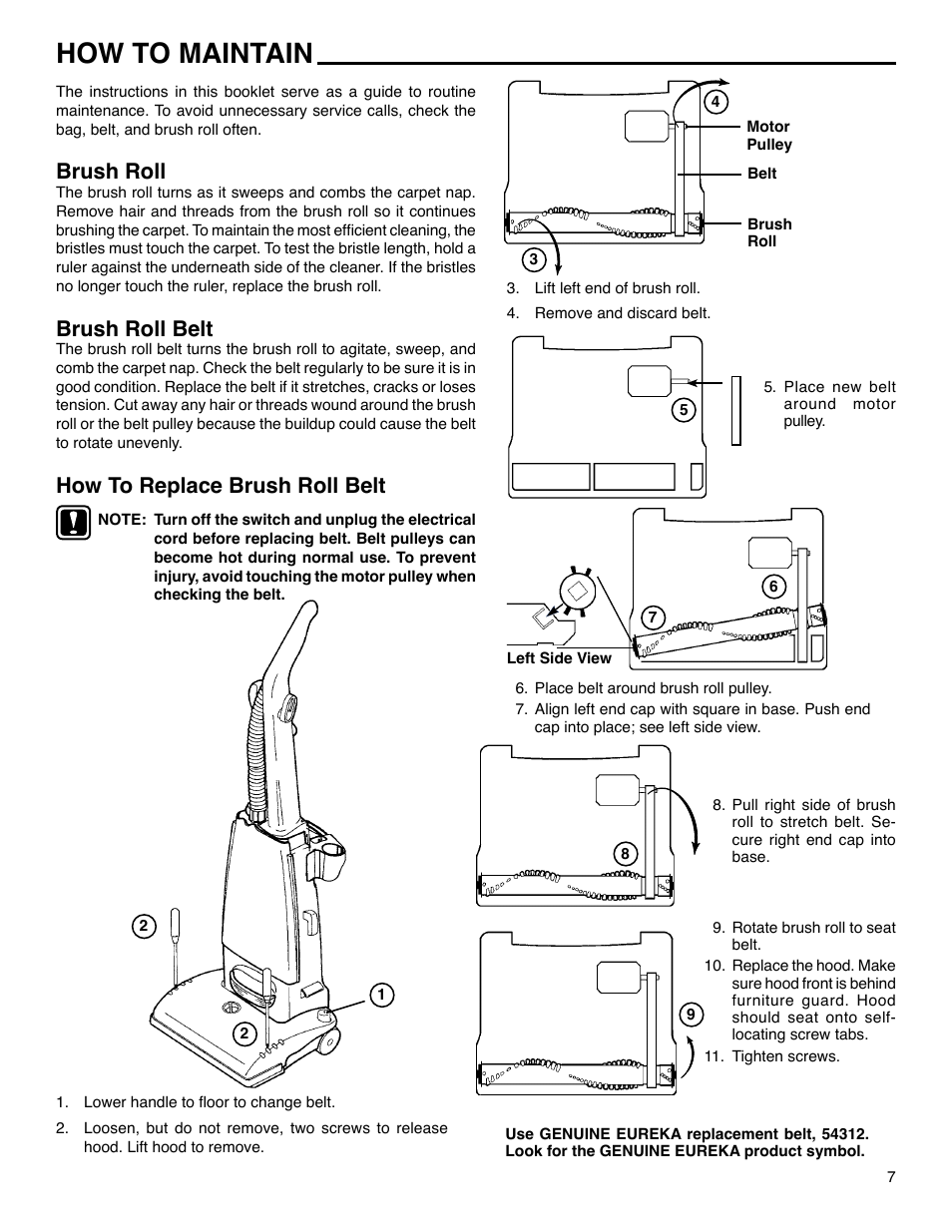 How to maintain, Brush roll, Brush roll belt | How to replace brush roll belt | Eureka 4440-4470 Series User Manual | Page 7 / 11