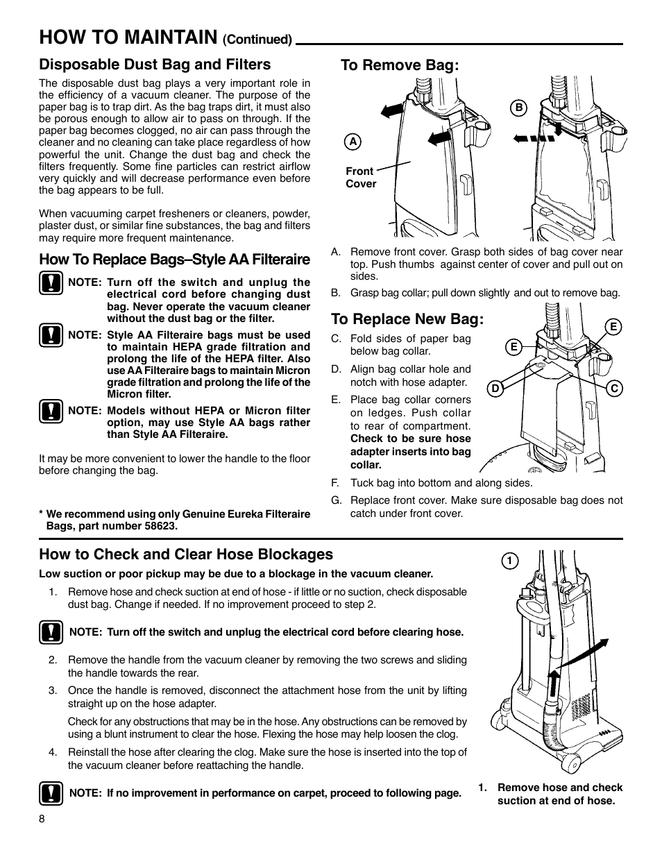 How to maintain, How to replace bags–style aa filteraire, Disposable dust bag and filters | Eureka 4440-4470 Series User Manual | Page 8 / 11