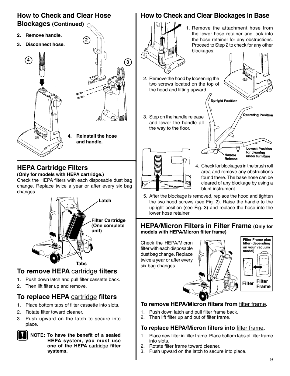 How to check and clear hose blockages, How to check and clear blockages in base, Hepa cartridge filters | Hepa/micron filters in filter frame | Eureka 4440-4470 Series User Manual | Page 9 / 11