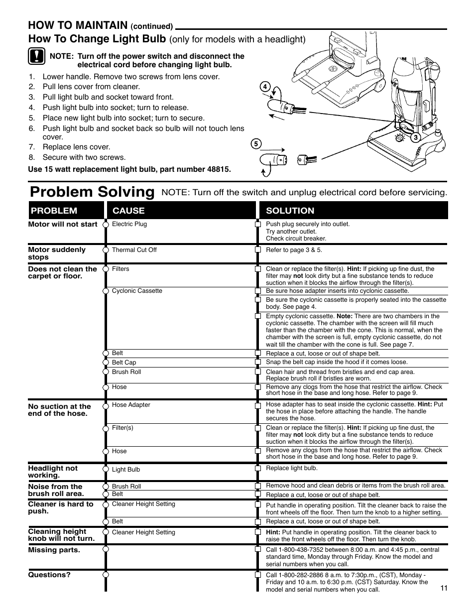 Problem solving, How to maintain, How to change light bulb | Only for models with a headlight) | Eureka 4390 Series User Manual | Page 11 / 11
