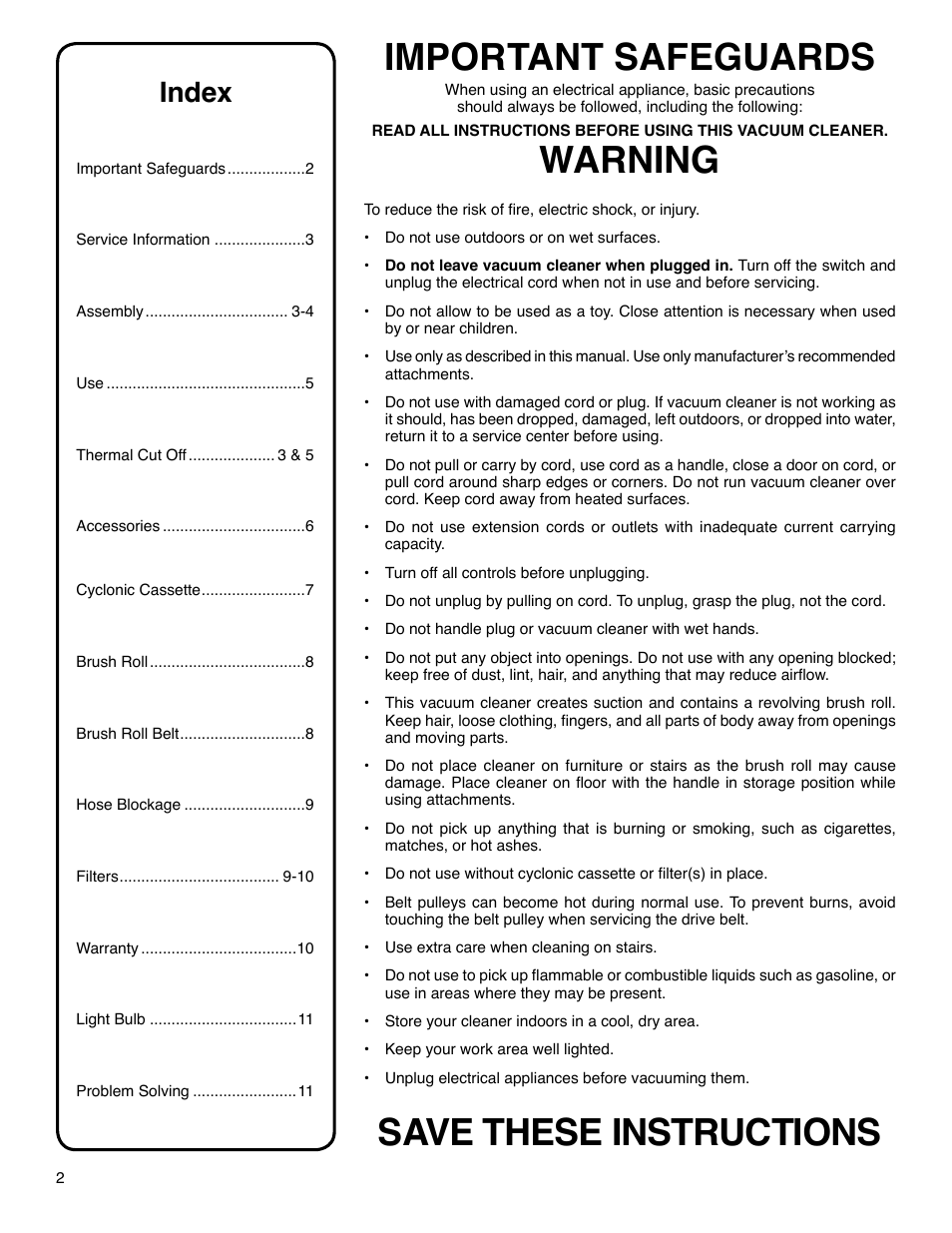 Important safeguards, Warning, Save these instructions | Index | Eureka 4390 Series User Manual | Page 2 / 11