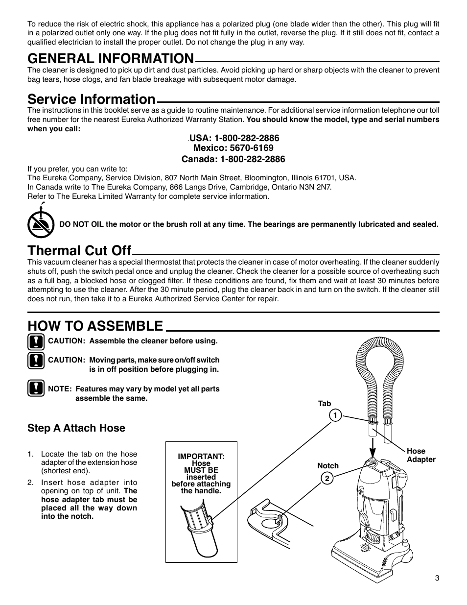 How to assemble, General information, Service information | Thermal cut off, Step a attach hose | Eureka 4390 Series User Manual | Page 3 / 11