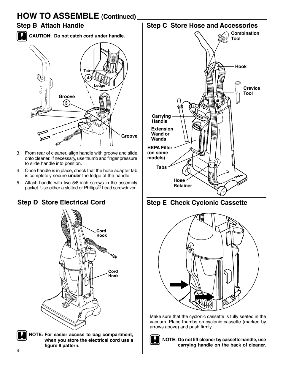 How to assemble, Continued) step b attach handle, Step c store hose and accessories | Step d store electrical cord, Step e check cyclonic cassette | Eureka 4390 Series User Manual | Page 4 / 11