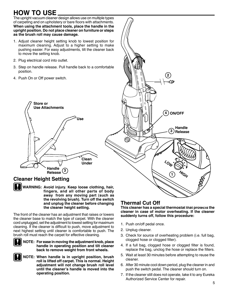 How to use, Thermal cut off, Cleaner height setting | Eureka 4390 Series User Manual | Page 5 / 11