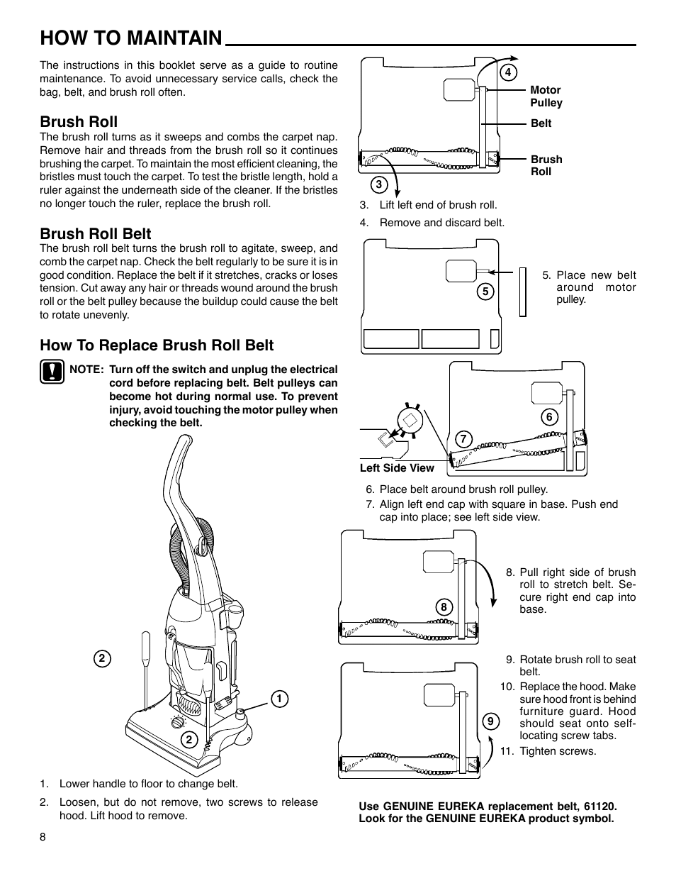 How to maintain, Brush roll, Brush roll belt | How to replace brush roll belt | Eureka 4390 Series User Manual | Page 8 / 11