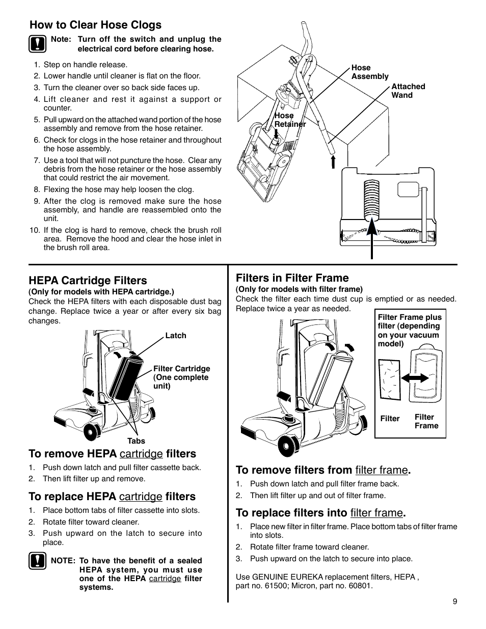 Hepa cartridge filters, How to clear hose clogs, Filters in filter frame | Eureka 4390 Series User Manual | Page 9 / 11