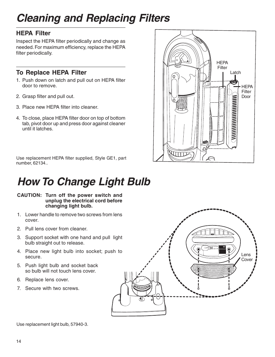 Cleaning and replacing filters, How to change light bulb | Eureka 5550 User Manual | Page 14 / 16