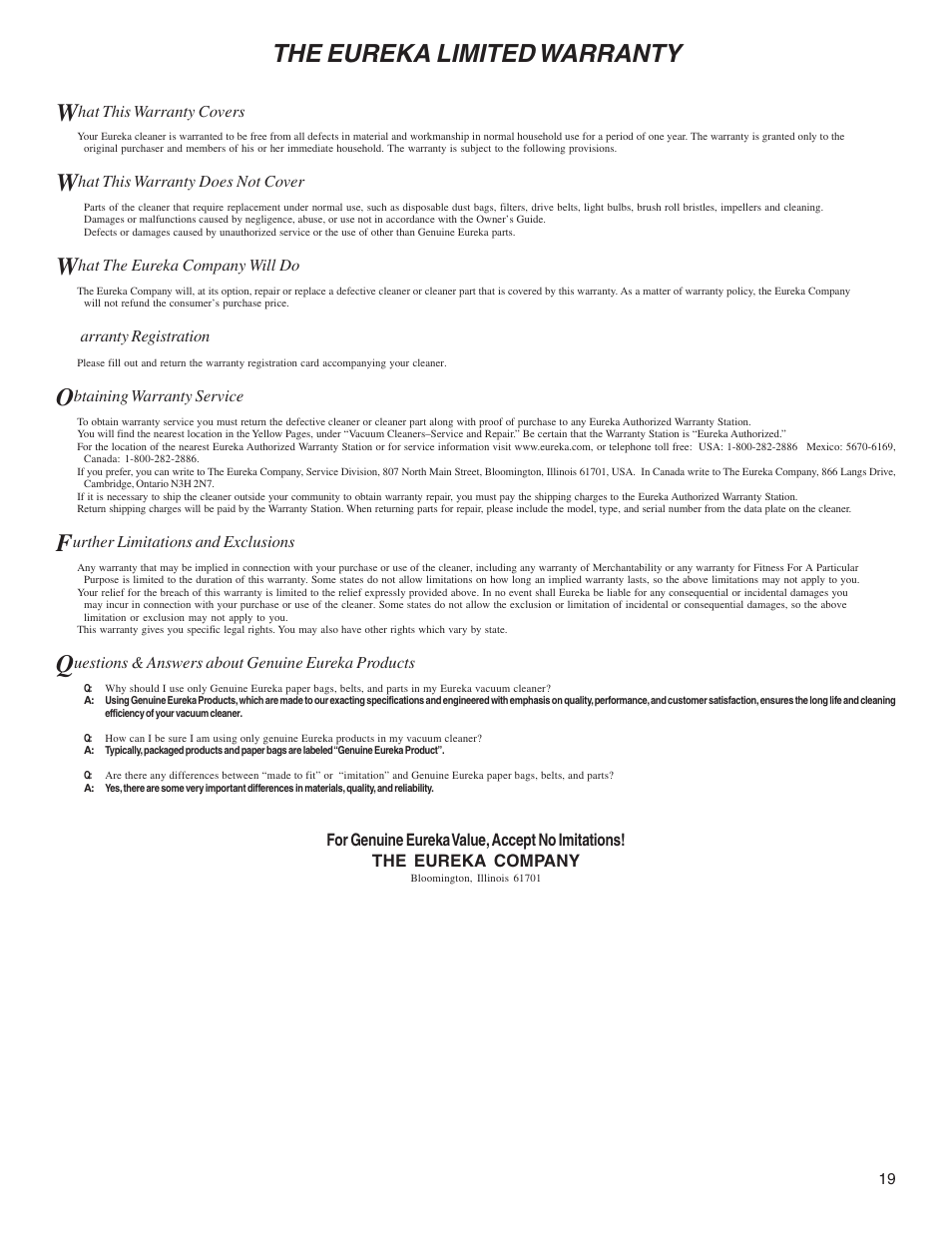 The eureka limited warranty | Eureka 5550 User Manual | Page 16 / 16