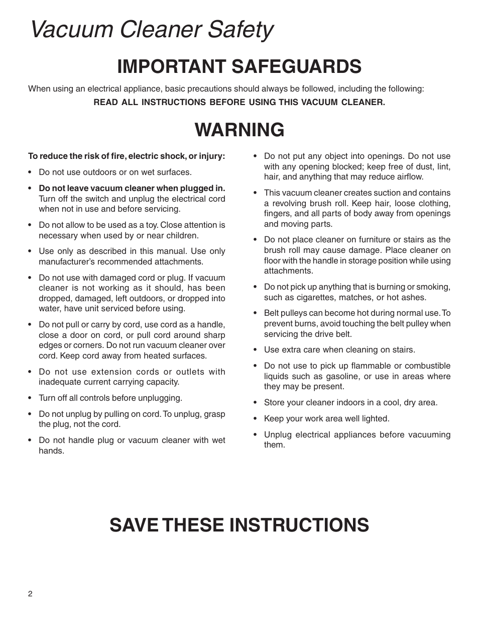 Vacuum cleaner safety, Important safeguards, Save these instructions warning | Eureka 5550 User Manual | Page 2 / 16