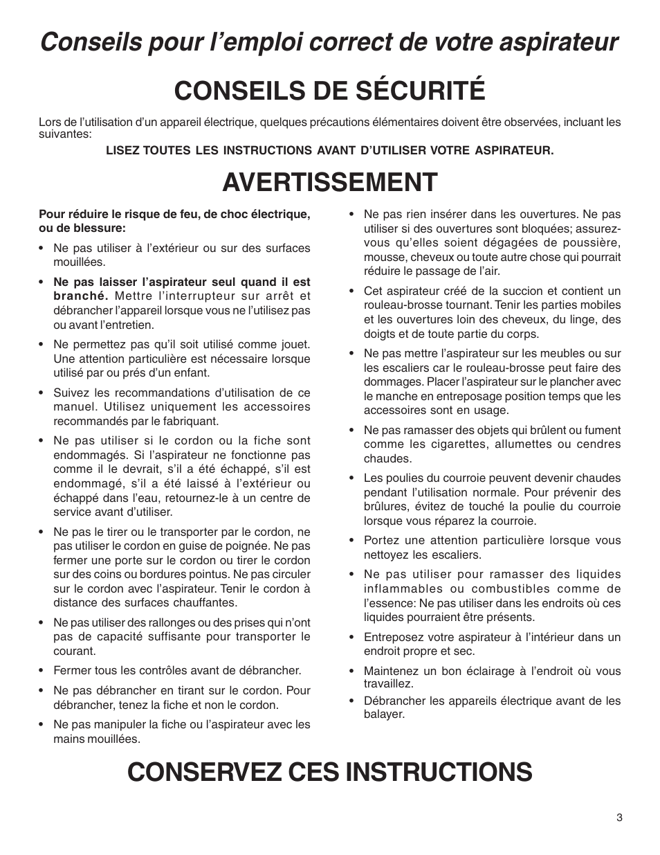 Conseils pour l’emploi correct de votre aspirateur, Conservez ces instructions conseils de sécurité, Avertissement | Eureka 5550 User Manual | Page 3 / 16