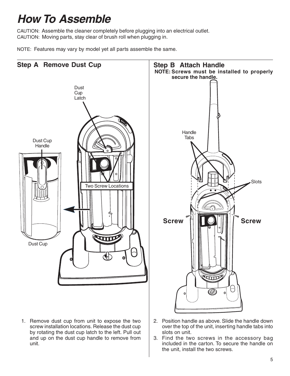 How to assemble, Step a remove dust cup, Step b attach handle | Screw | Eureka 5550 User Manual | Page 5 / 16