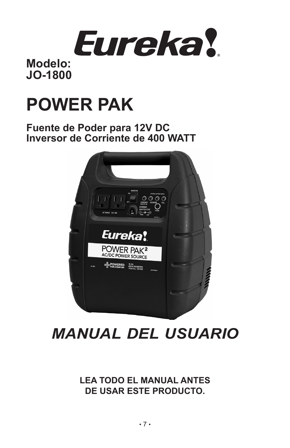 Power pak, Manual del usuario, Modelo: jo-1800 | Eureka Power Pak JO-1800 User Manual | Page 9 / 16