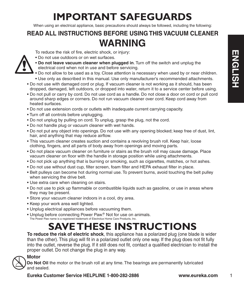 Save these instructions, Important safeguards, Warning | En g l is h | Eureka 8800-8849 Series User Manual | Page 3 / 8