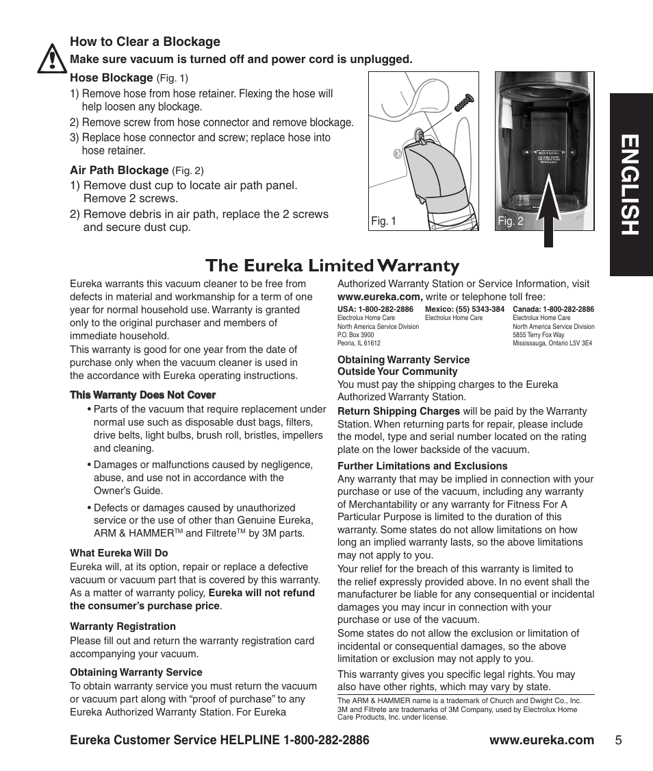 En g l is h, The eureka limited warranty | Eureka 8800-8849 Series User Manual | Page 7 / 8