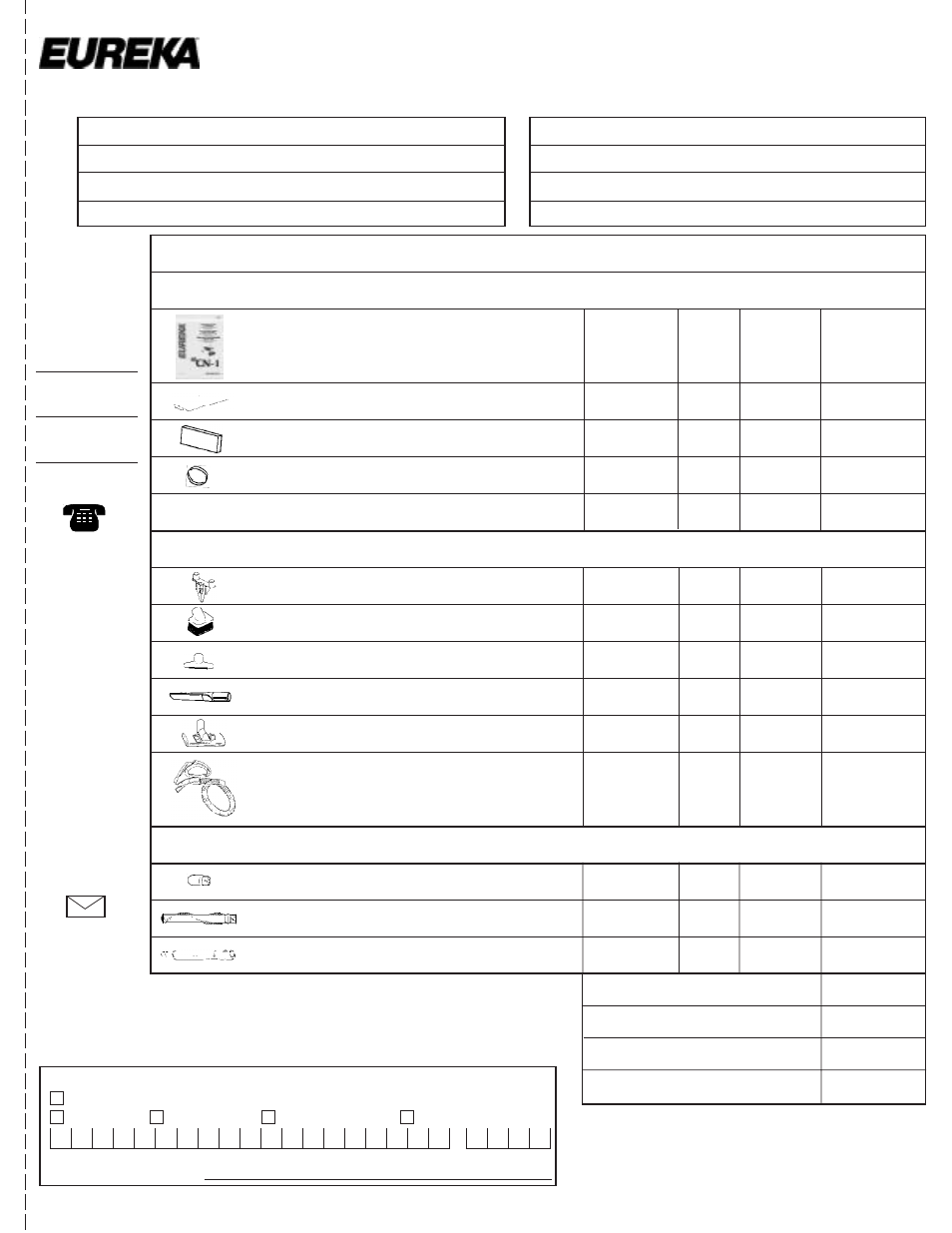 Order form, Genuine eureka bags, belts and filters, Accessories/tools | Miscellaneous parts, Total enclosed, By mail | Eureka 6850 User Manual | Page 11 / 16