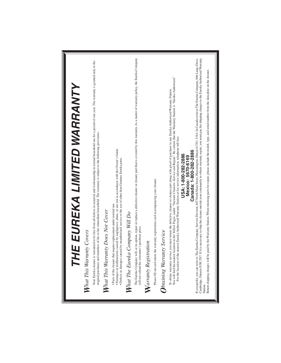 The eureka limited w arranty, Hat this w a rr anty co ve rs, Hat t his w a rr anty does not co ve r | Hat the eur eka company w ill do, Arr anty re gistr ation, Btaining w a rr anty service | Eureka 77 User Manual | Page 11 / 12