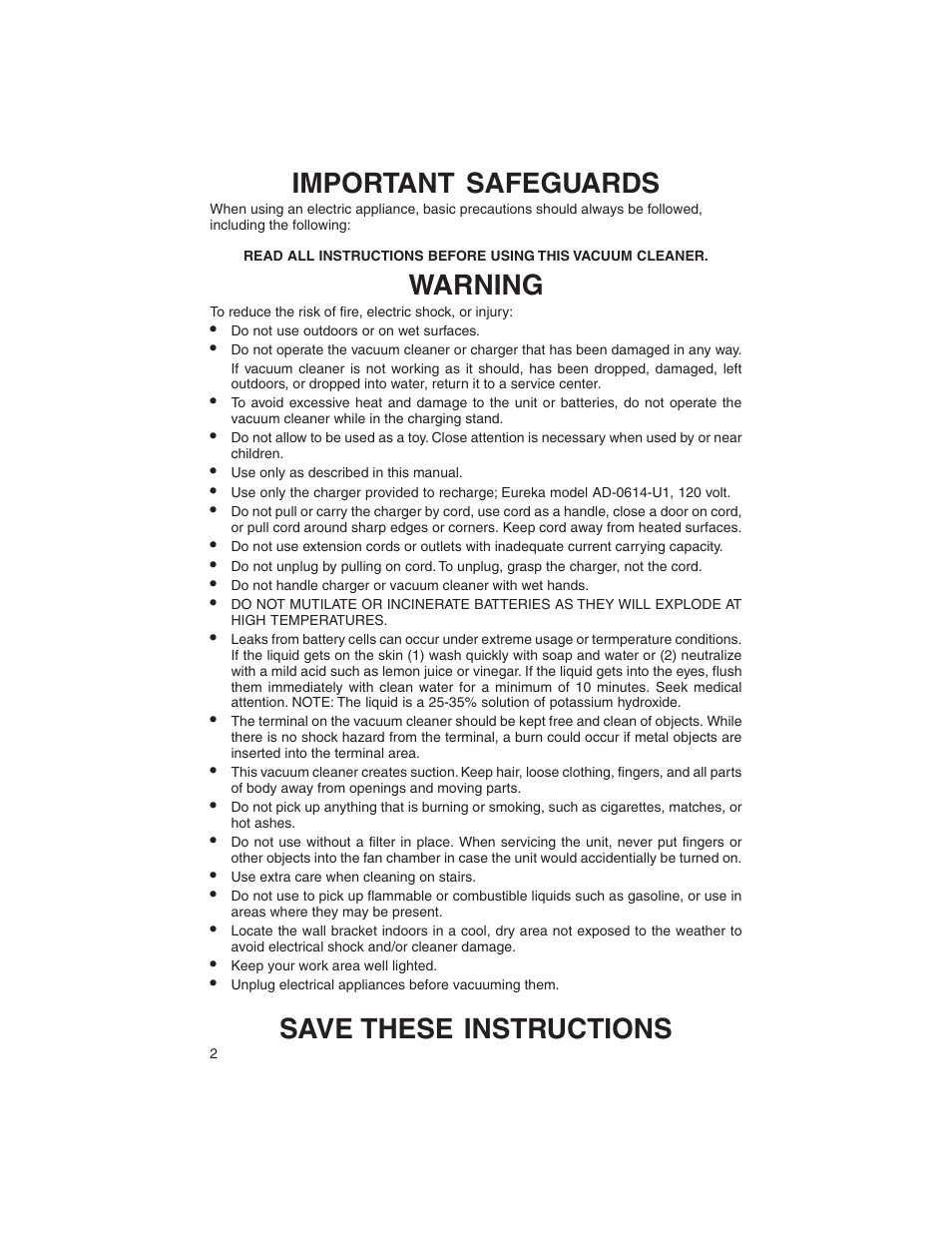 Important safeguards, Warning save these instructions | Eureka 77 User Manual | Page 2 / 12